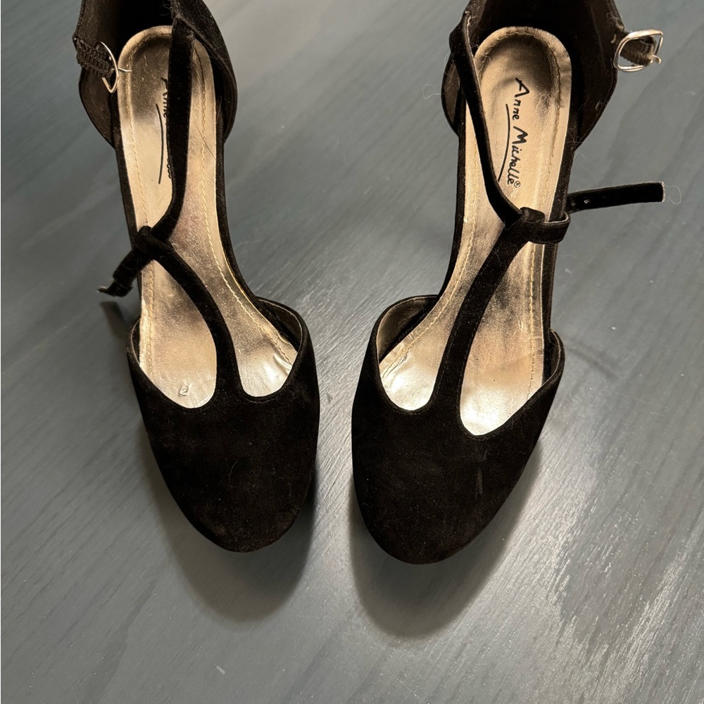 Anne Michelle Black Suede T-Strap Heels